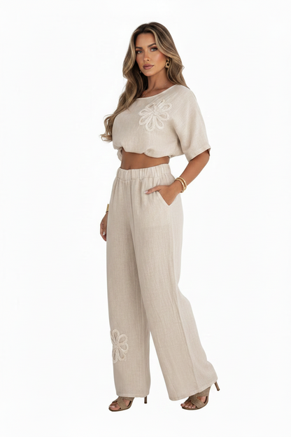 Womens Embroidered Linen Look Half Sleeve Top Wide Leg Pants 2-Piece Set 8-18
