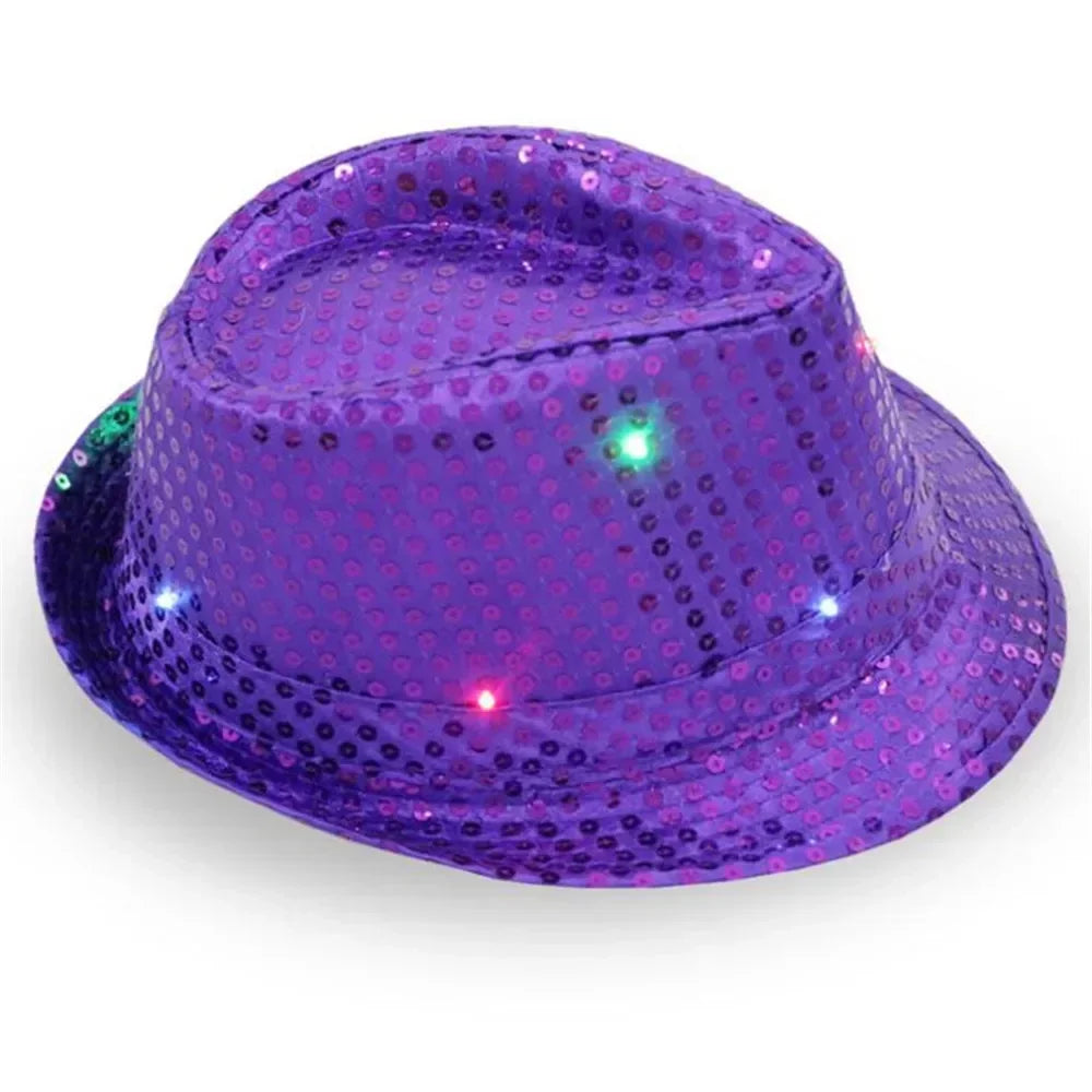LED Sequin Fedora Hat & Glowing Necktie Set – Light-Up Festival & Party Accessories for Kids & Adults