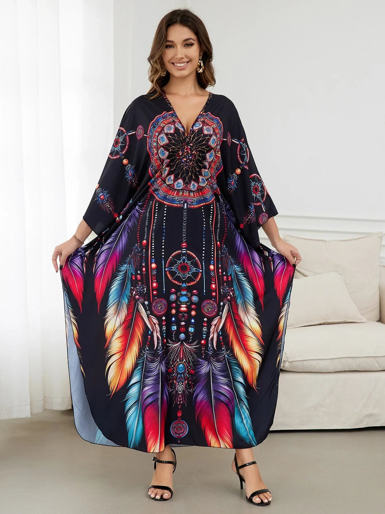 2.Maxi Kaftan Beach Dresses for Women – Artistic Summer Robe with Bold Prints