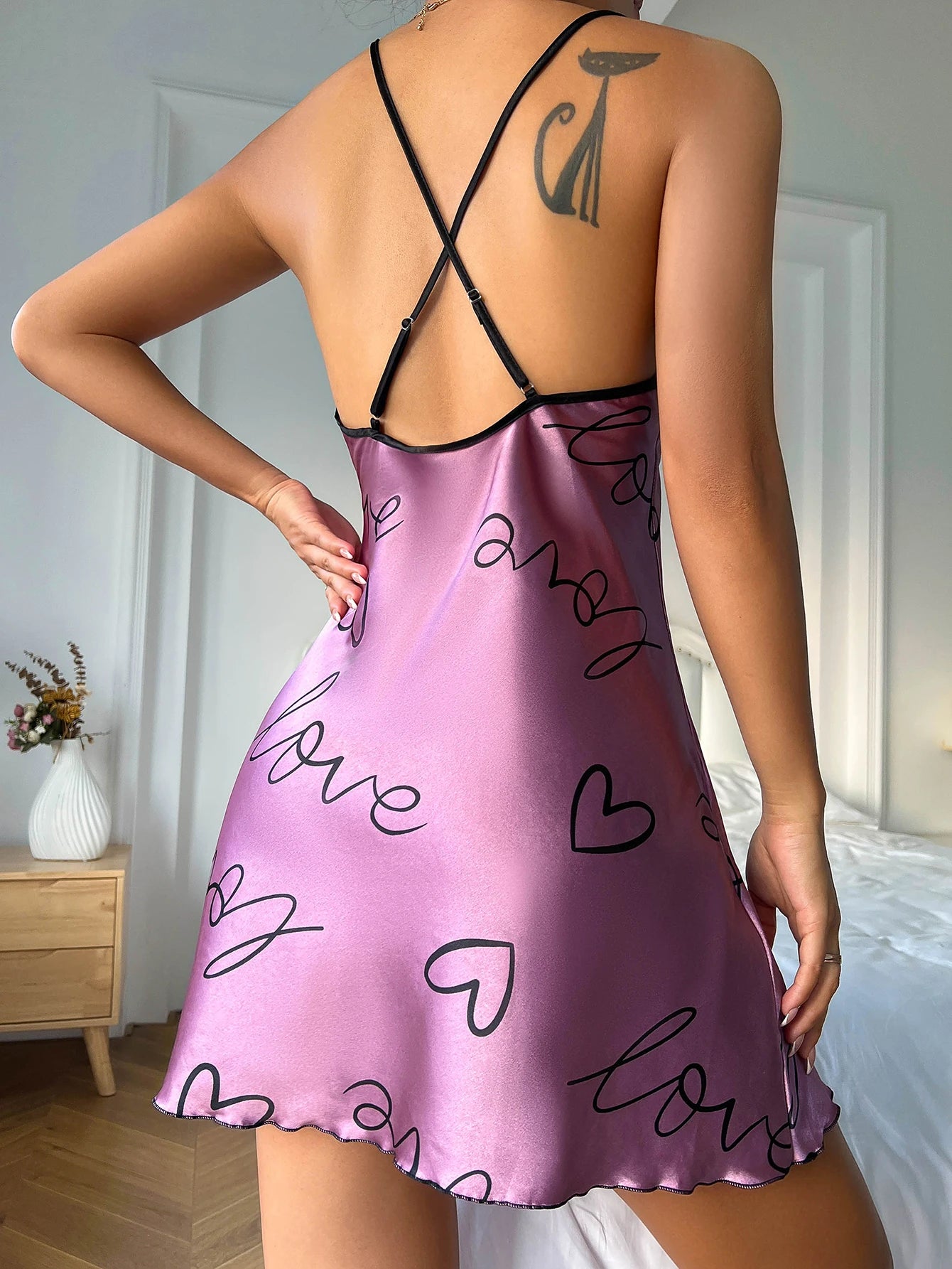 Womens Heart Print Nightdress Spaghetti Strap Casual Sleep Dress - QHA UK