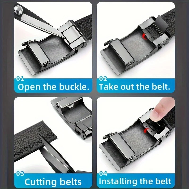 Men's Leather Ratchet Belt Automatic Buckle Black Brown Big and Tall