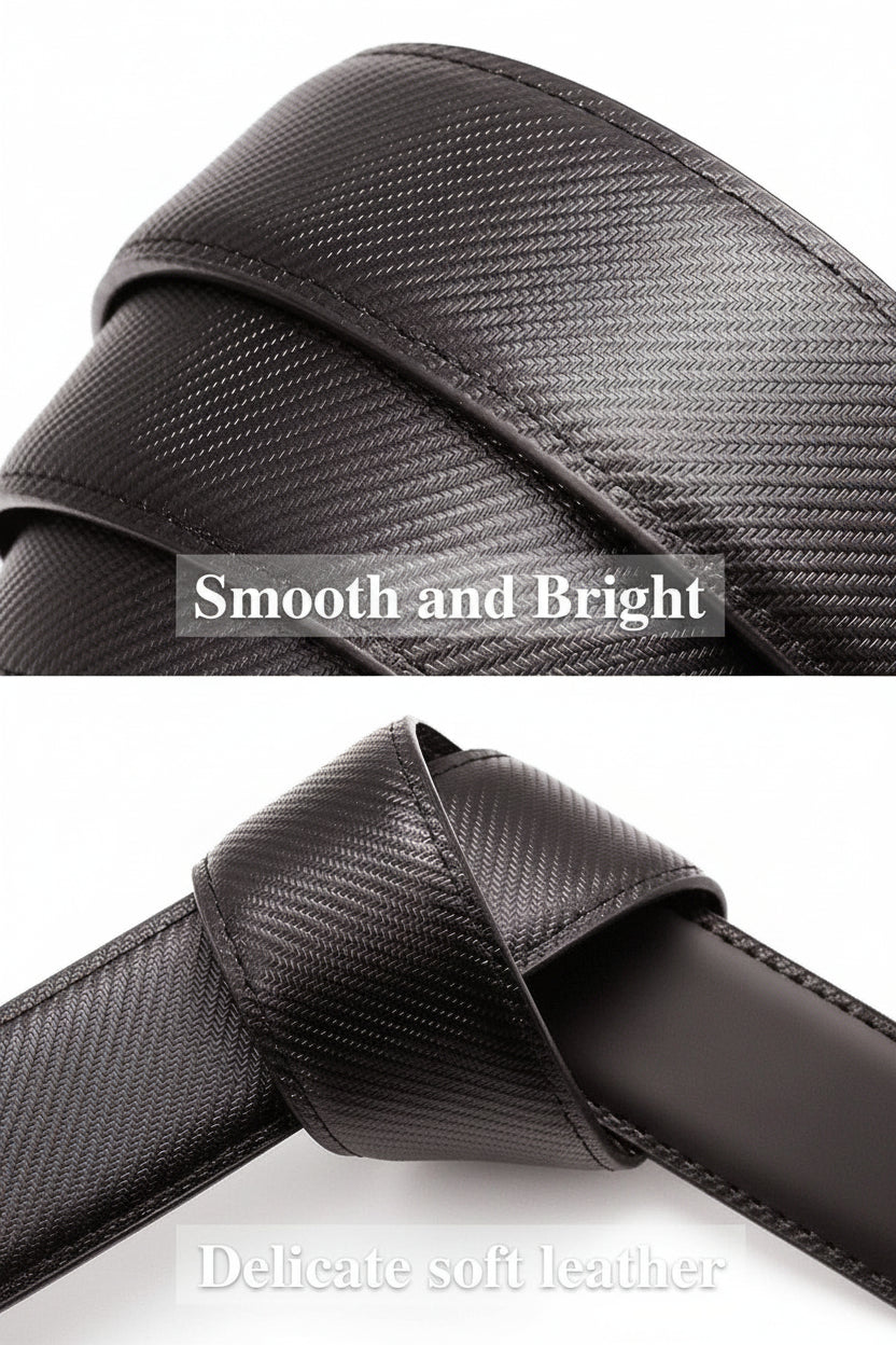 Close-up of a black leather product with 'Smooth and Bright' and 'Delicate soft leather' text.