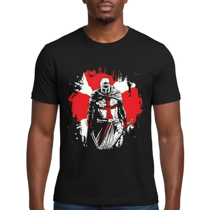 A man wearing a black short-sleeve t-shirt with a graphic print of a knight in armor holding a sword, set against a red and white splattered background.