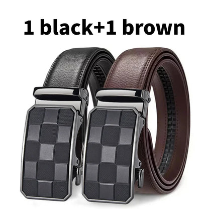 Two belts, one black and one brown, with checkered buckle on a white background.