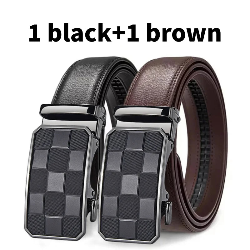 Two belts, one black and one brown, with checkered buckle on a white background.