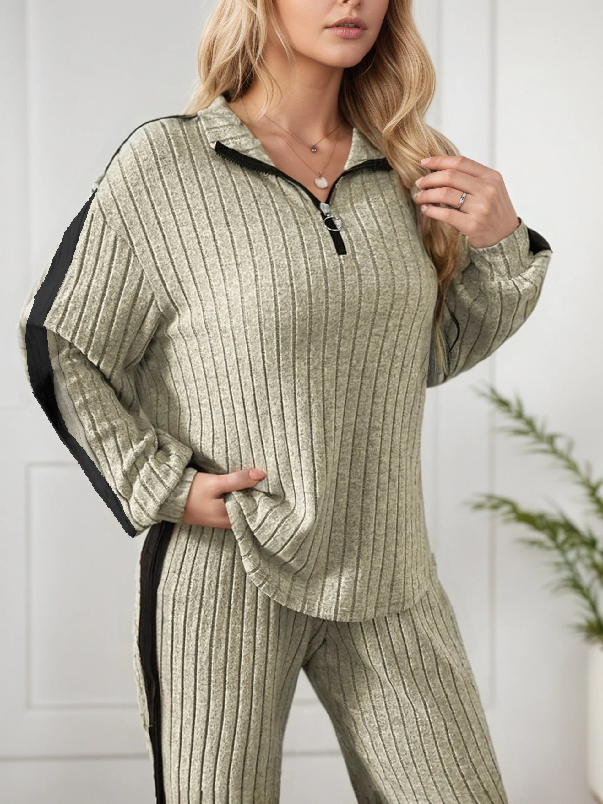 Womens 2-Piece Suit Zipper Collar Long Sleeve Top Wide Leg Pants 8-16