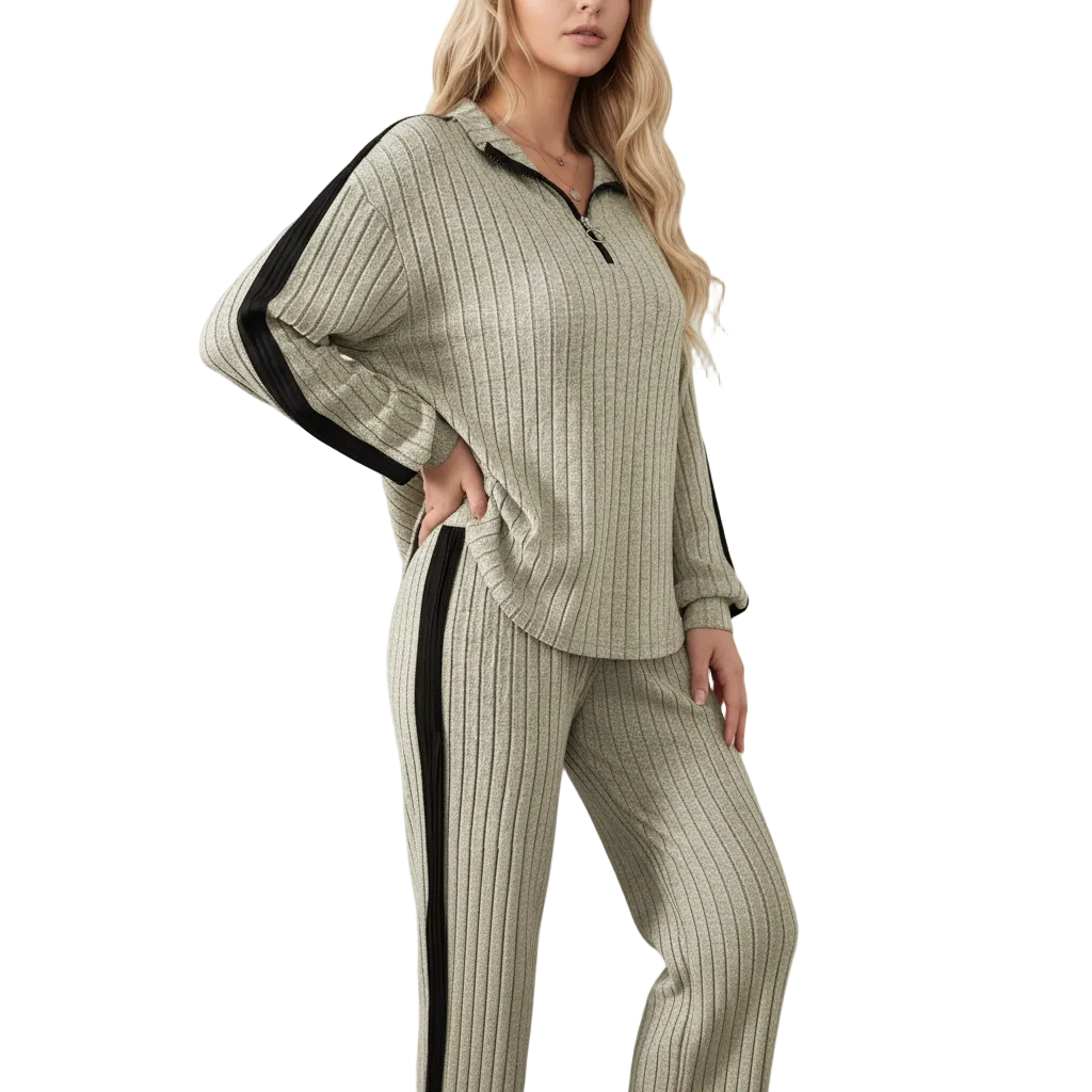 Woman wearing a ribbed knit outfit with a white background
