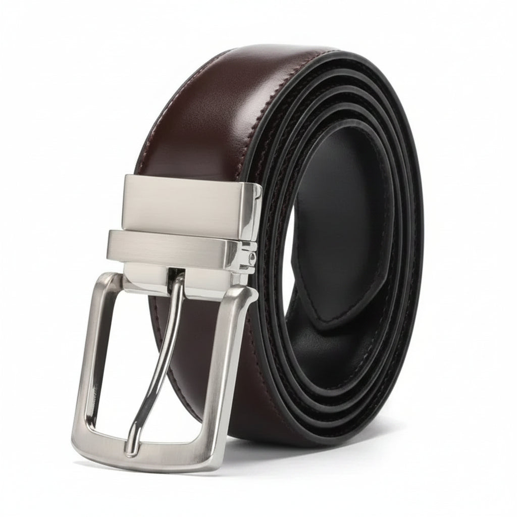 Brown leather belt with silver buckle on a white background
