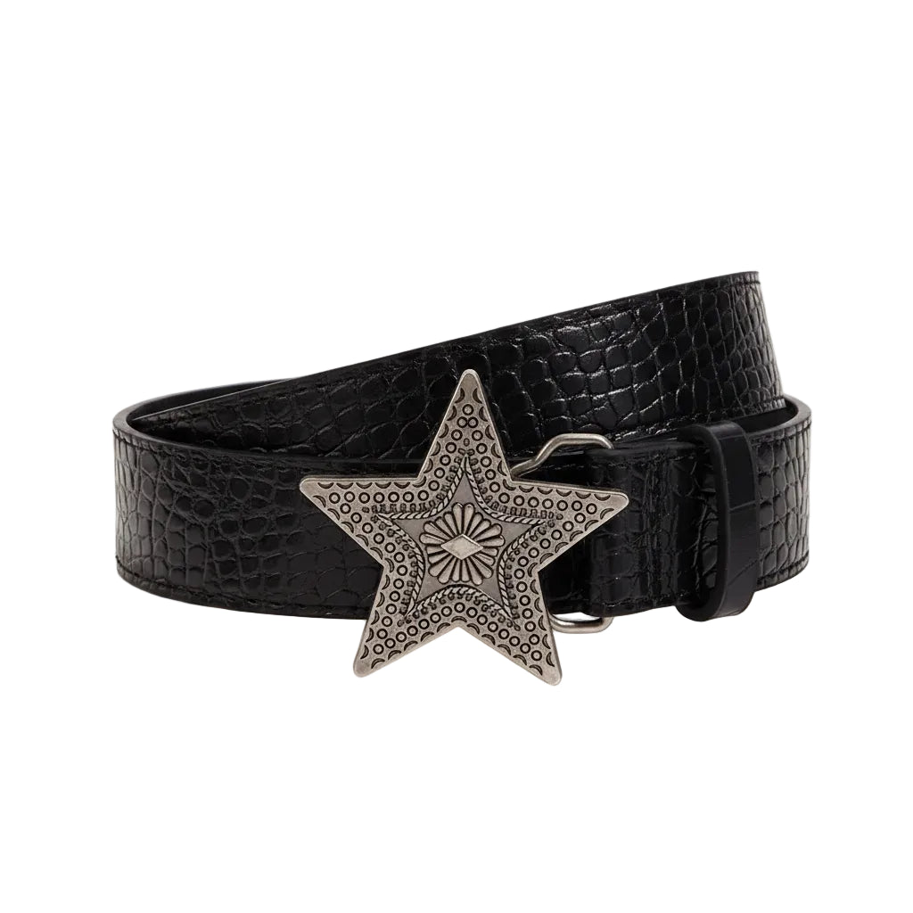 Black belt with a star-shaped buckle on a beige background