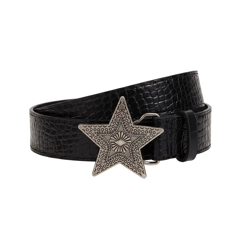 Black belt with a star-shaped buckle on a beige background