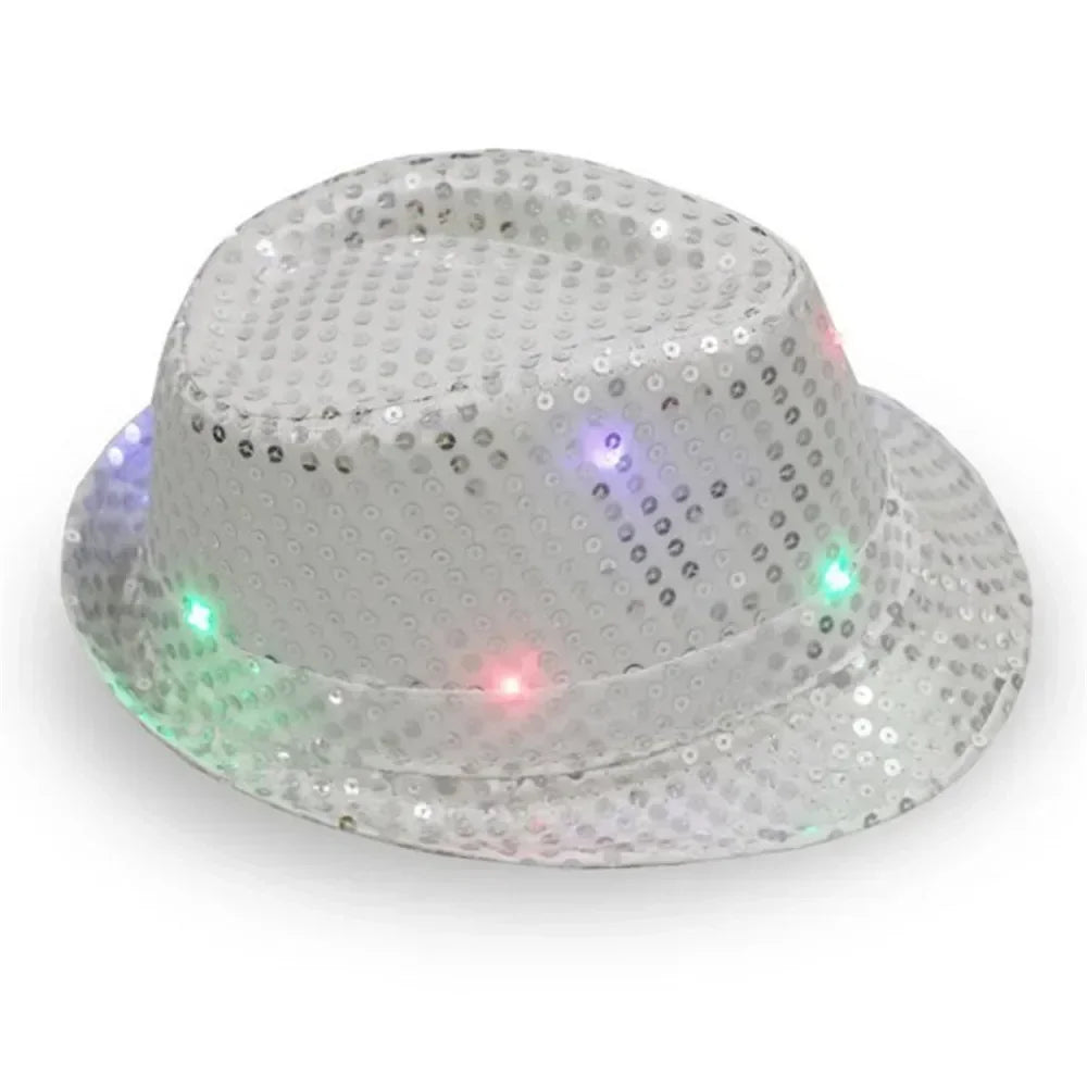 LED Sequin Fedora Hat & Glowing Necktie Set – Light-Up Festival & Party Accessories for Kids & Adults