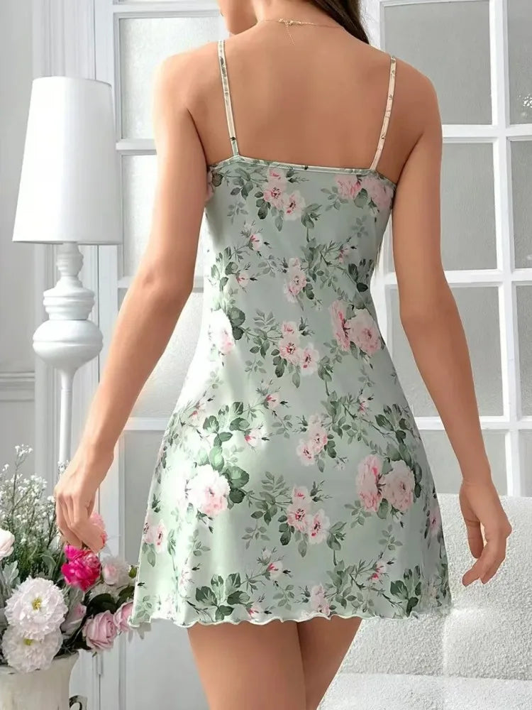 Womens Floral Nightdress Vintage Green Slip Nightie Summer Sleepwear