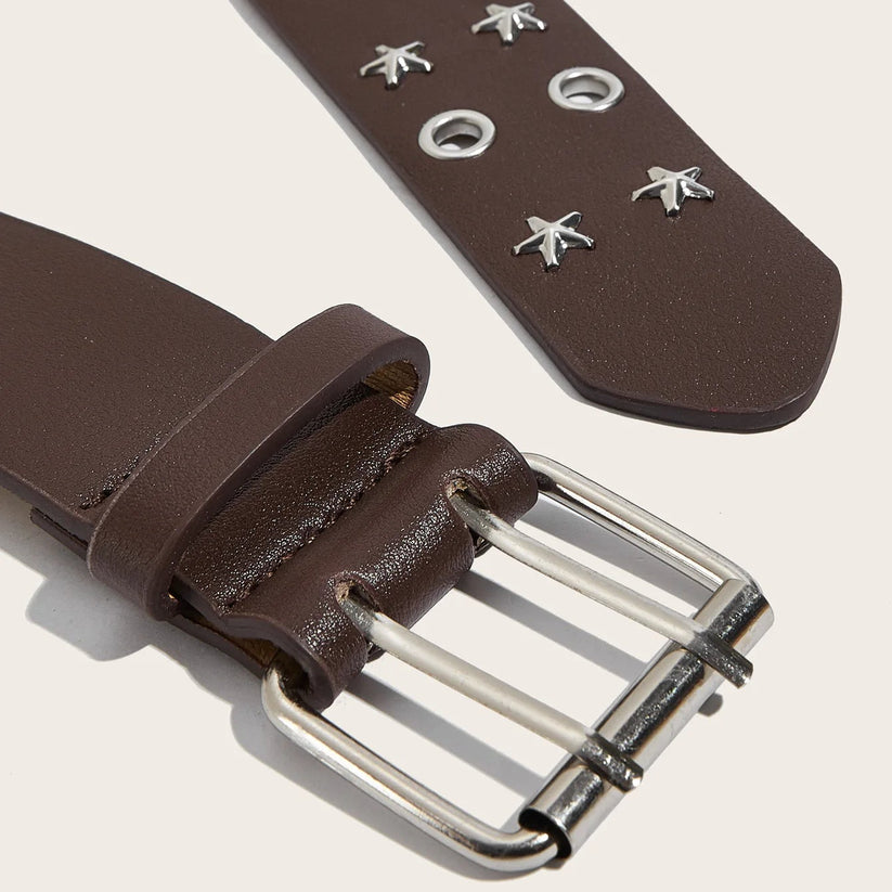 Brown leather watch strap with silver buckle on a light gray background