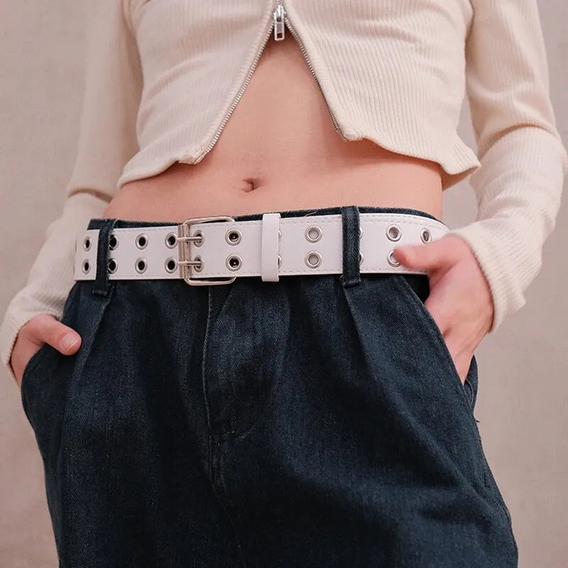 Unisex Y2K Punk Double Hole Belt PU Leather Grommet Rock Streetwear - QHA UK