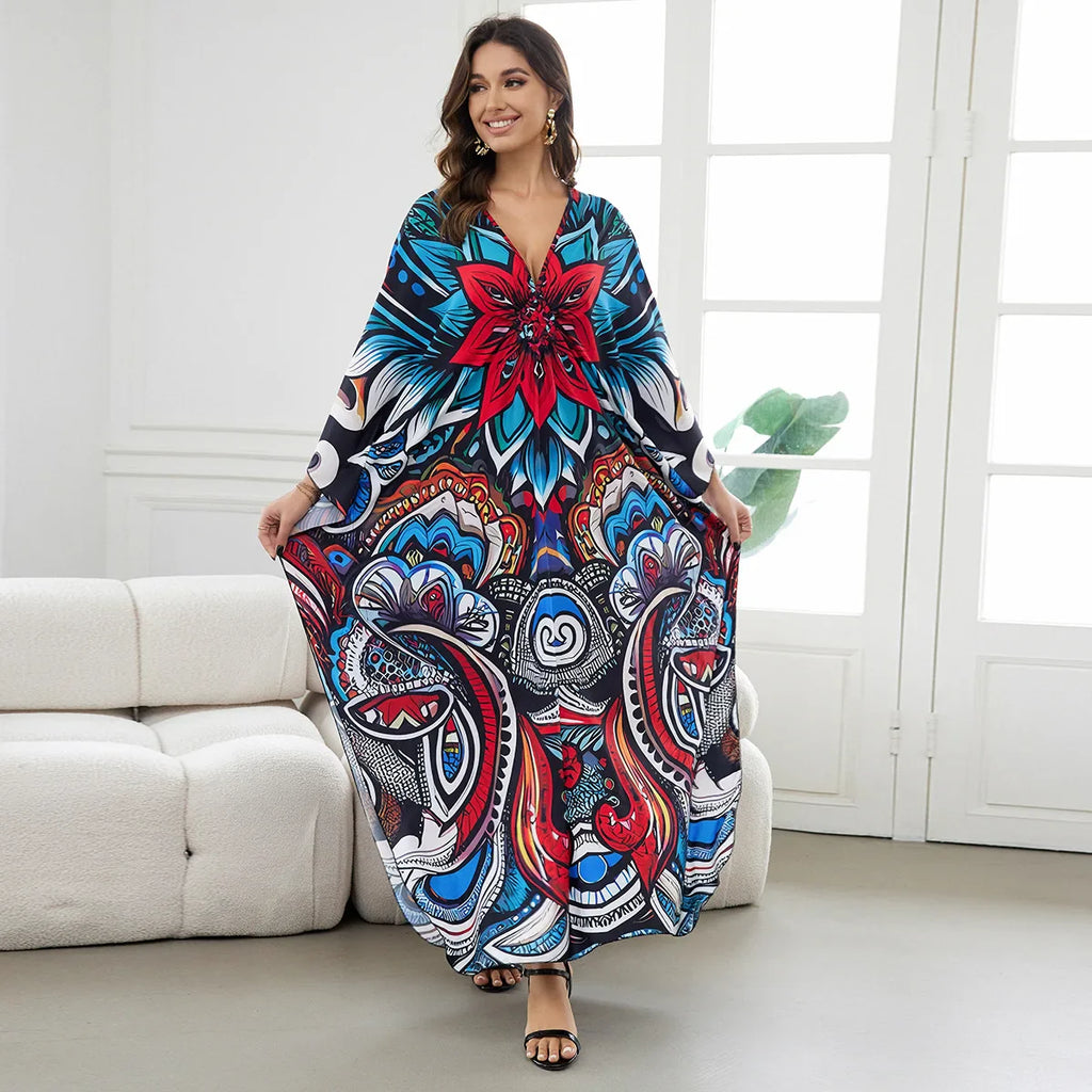 2.Maxi Kaftan Beach Dresses for Women – Artistic Summer Robe with Bold Prints