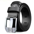 Black leather belt with silver buckle on a white background