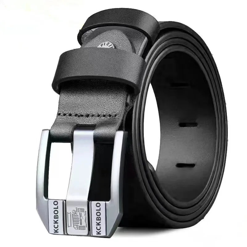 Black leather belt with silver buckle on a white background
