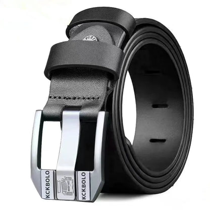 Black leather belt with silver buckle on a white background