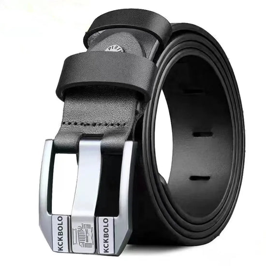Black leather belt with silver buckle on a white background