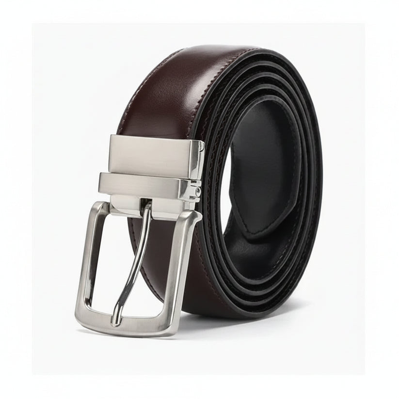 Brown leather belt with silver buckle on a white background