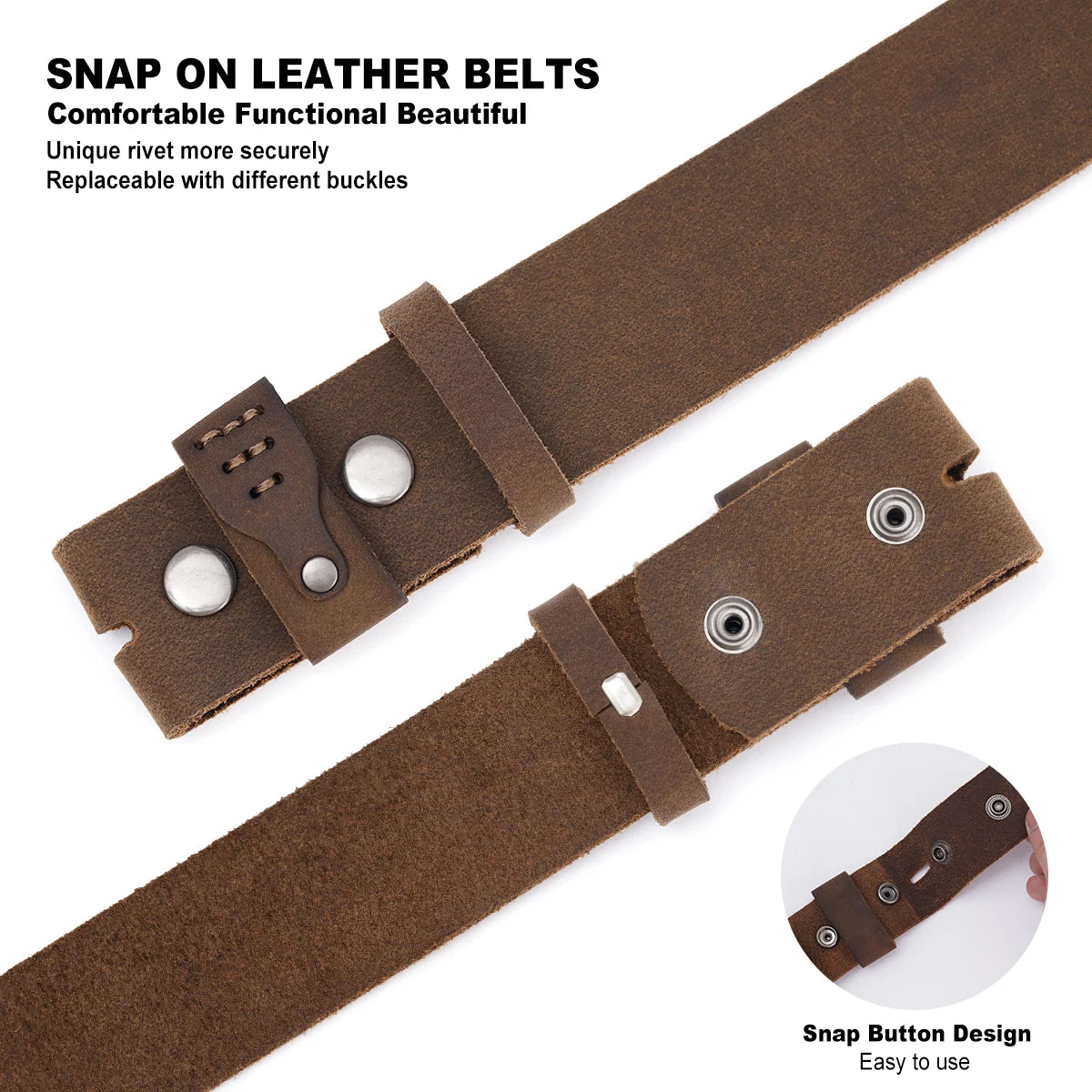 Brown leather snap-on belt shown on a white background with product text and a circular inset demonstrating the snap-button design.