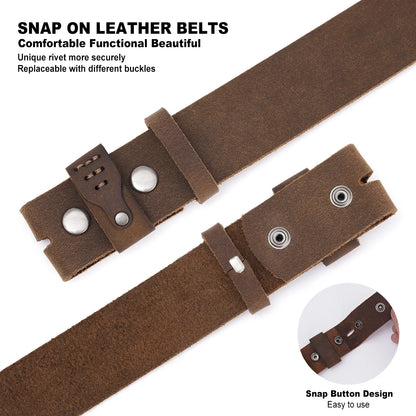 Brown leather snap-on belt shown on a white background with product text and a circular inset demonstrating the snap-button design.