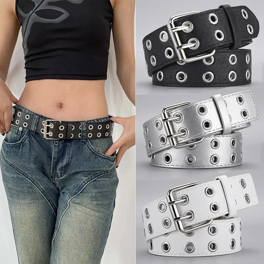 Unisex Y2K Punk Double Hole Belt PU Leather Grommet Rock Streetwear - QHA UK