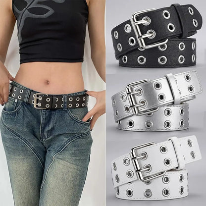 Unisex Y2K Punk Double Hole Belt PU Leather Grommet Rock Streetwear - QHA UK