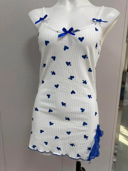Womens Lace Trim Nightdress Heart Print Cami Sleepwear Bow Nightie - QHA UK