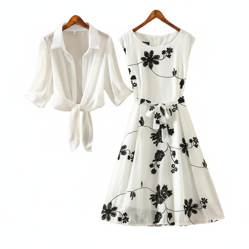 White dress with black floral patterns and a white blouse on hangers against a beige wall.