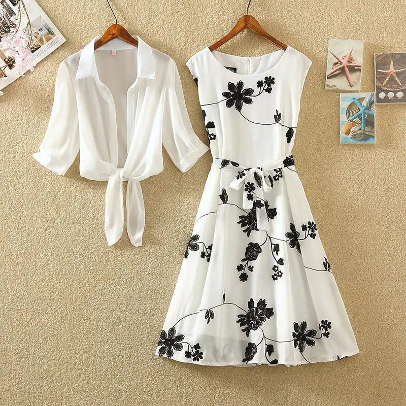 Womens Floral Embroidery Two-Piece Dress Suit Bow Belt UK 8-16