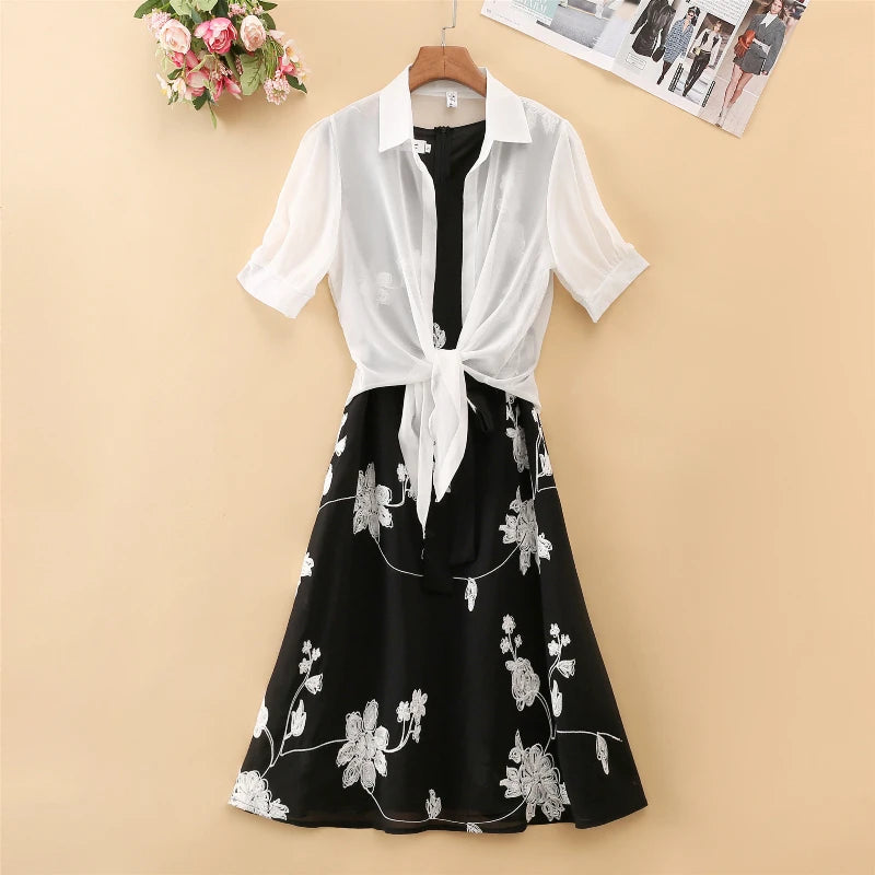 Womens Floral Embroidery Two-Piece Dress Suit Bow Belt UK 8-16