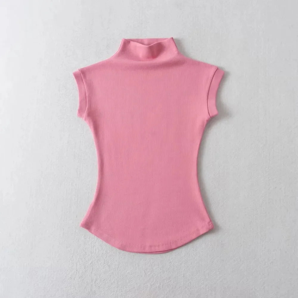 Womens Sleeveless Turtleneck Top Slim Fit Stretch Summer Basic Tee