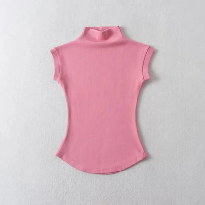 Womens Sleeveless Turtleneck Top Slim Fit Stretch Summer Basic Tee - QHA UK