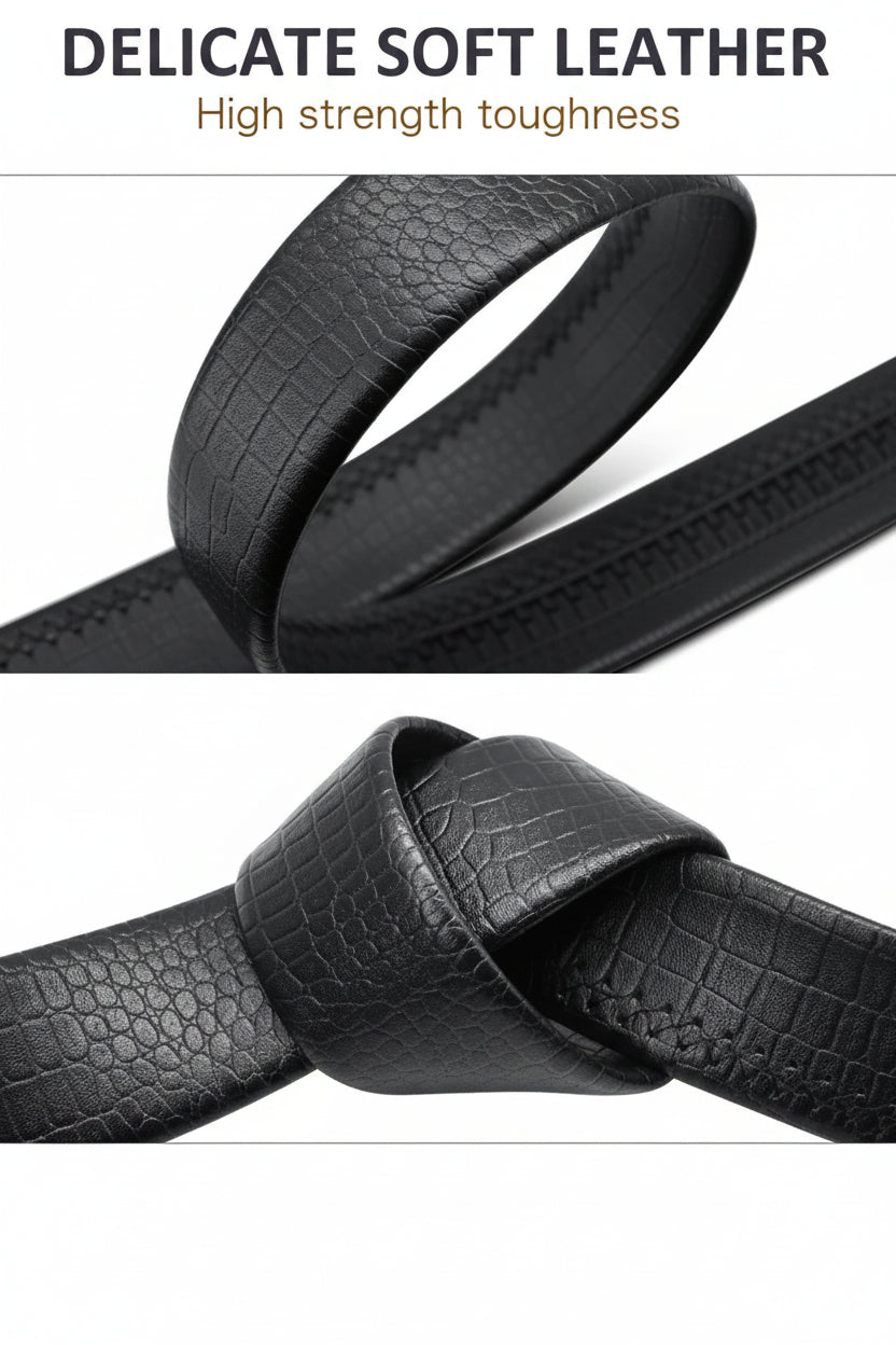 Black leather belt with text highlighting 'Delicate soft leather' and 'High strength toughness'.