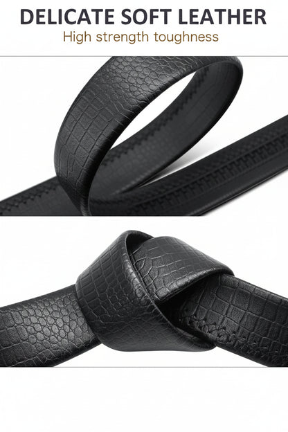 Black leather belt with text highlighting 'Delicate soft leather' and 'High strength toughness'.