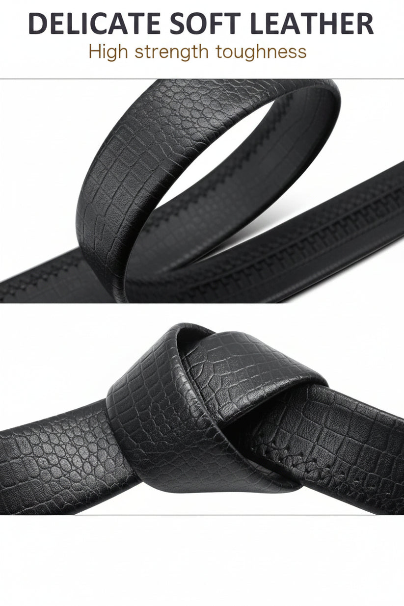 Black leather belt with text highlighting 'Delicate soft leather' and 'High strength toughness'.