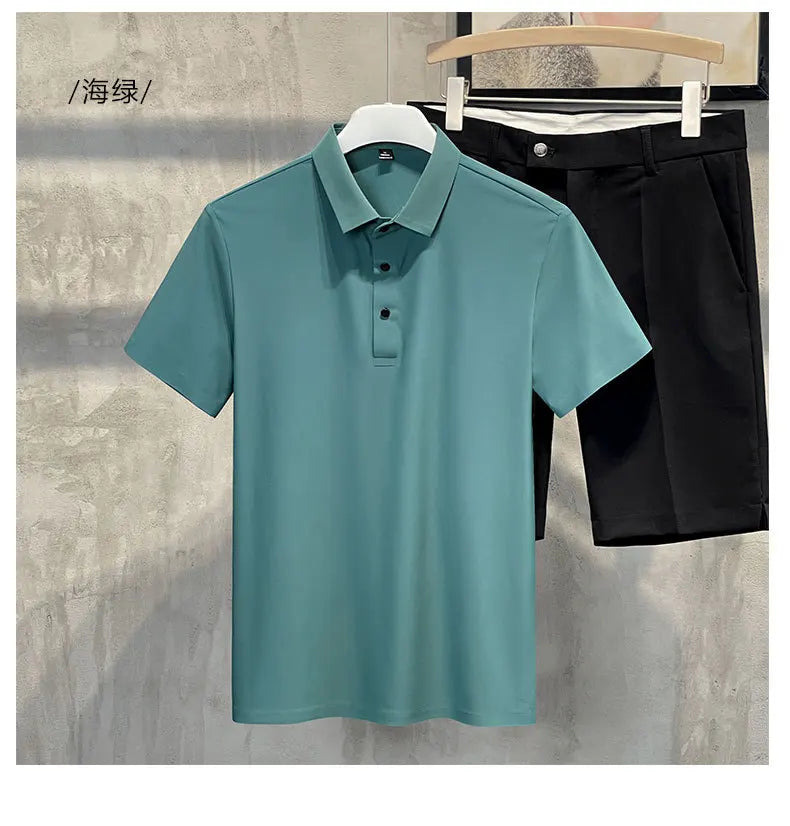Seamless High-end Polo Shirt for Men's Business Thin Half Sleeved Solid Lapel Short Sleeved Men's Shirt Polo Shirt - QHA UK