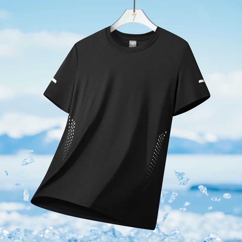 Mens Quick Dry Summer Running T-Shirt Ice Silk Breathable Reflective Gym Top