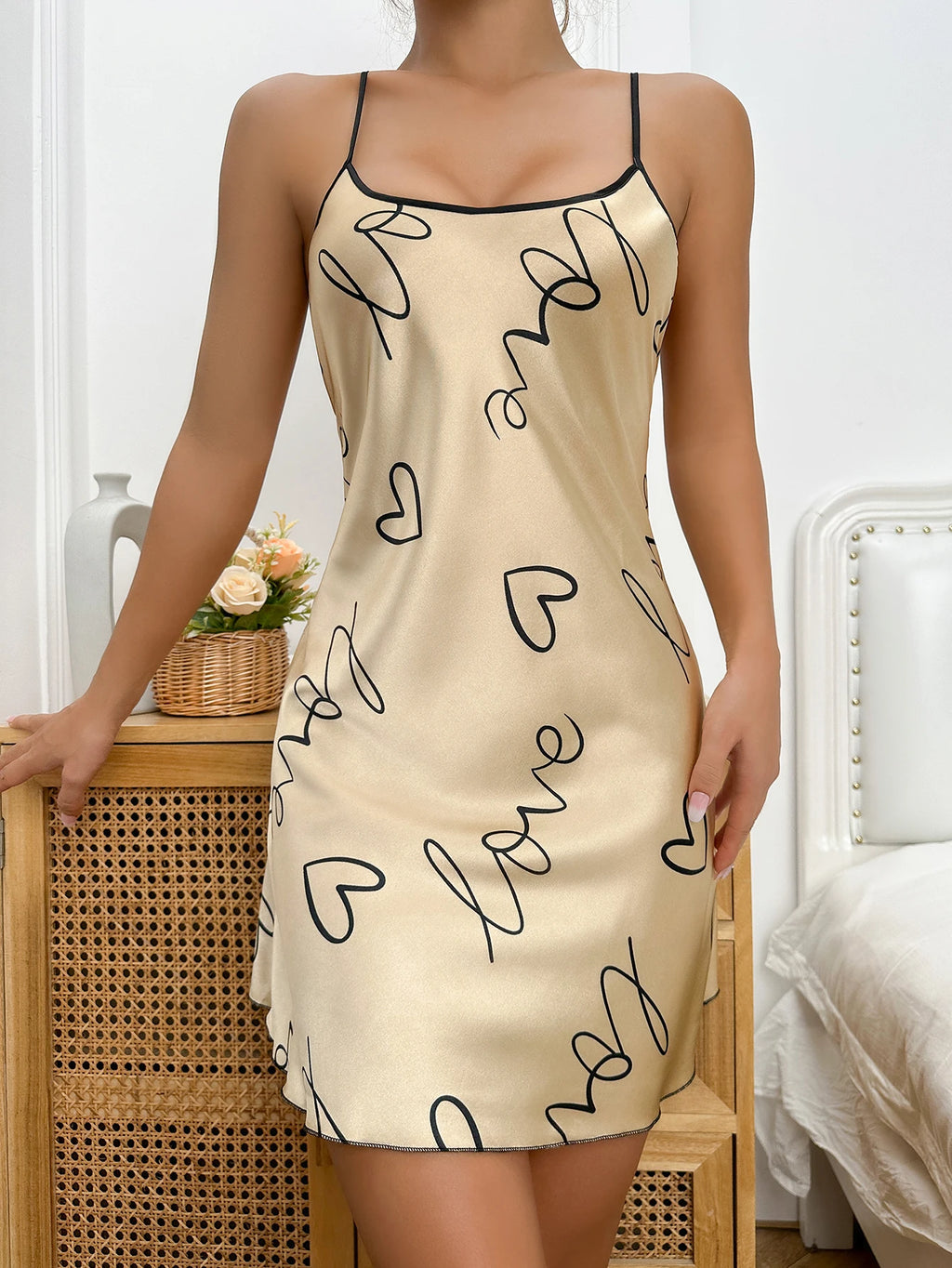 Womens Heart Print Nightdress Spaghetti Strap Casual Sleep Dress - QHA UK