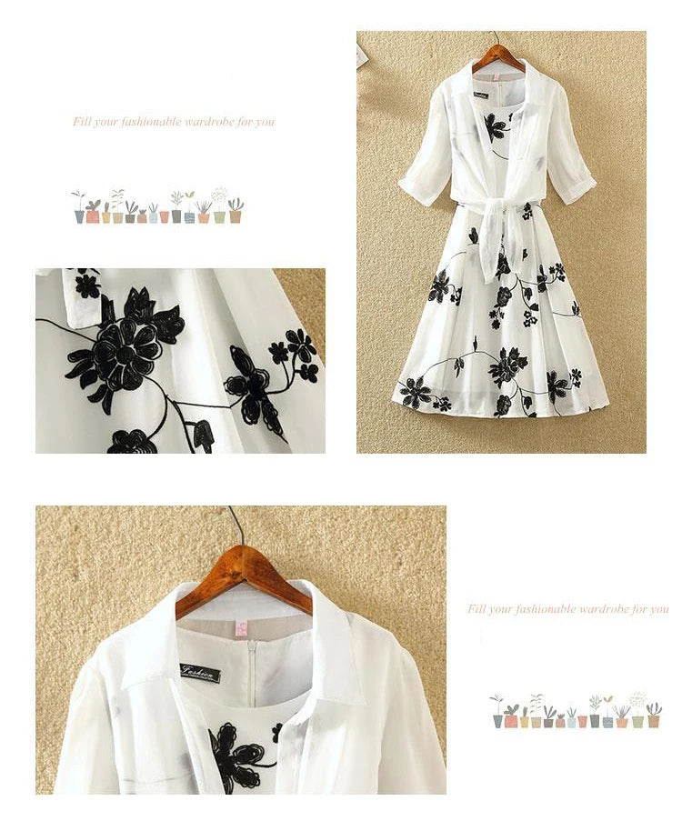 Womens Floral Embroidery Two-Piece Dress Suit Bow Belt UK 8-16