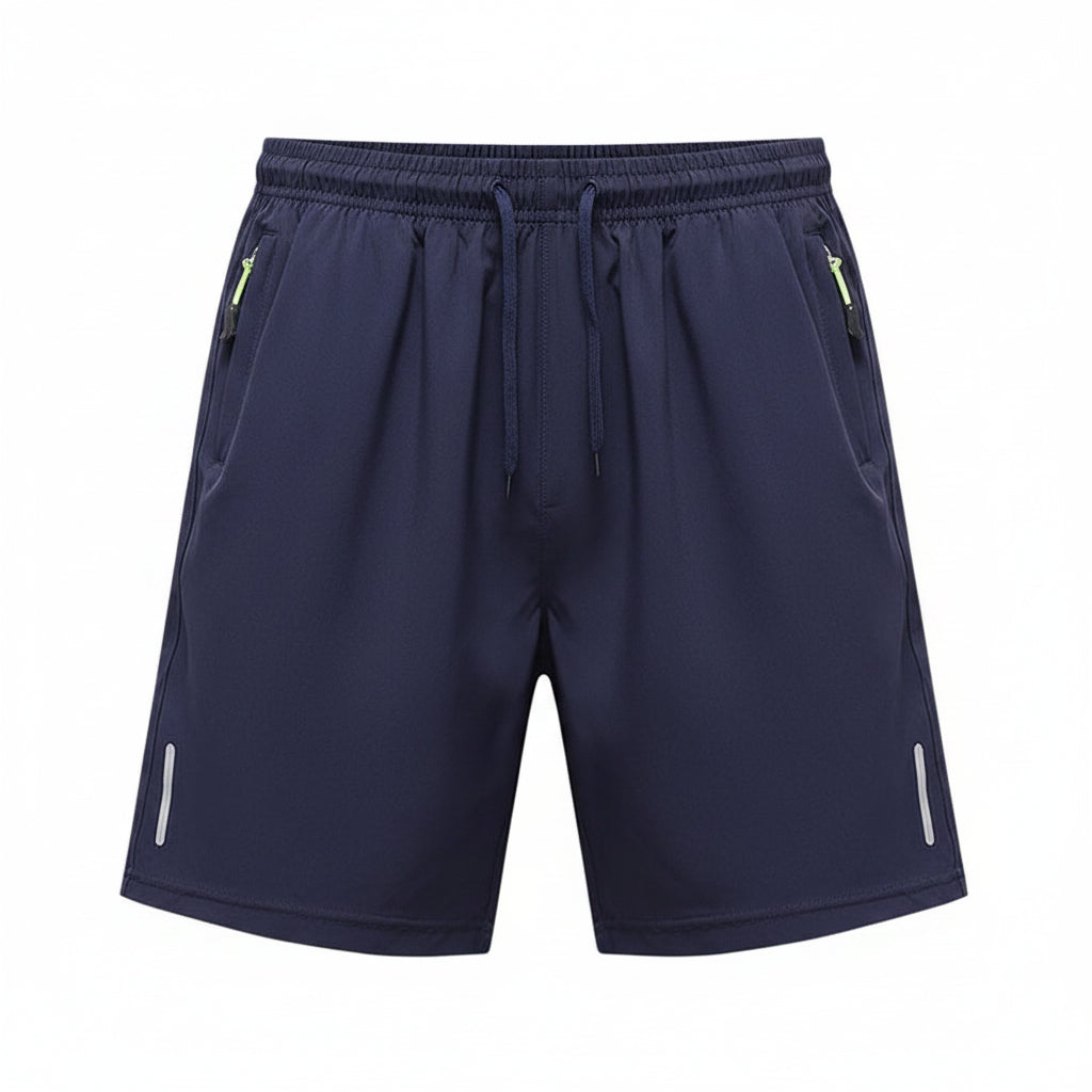Navy blue shorts with drawstring and side zippers on a white background, branded 'MANTLCONX'.