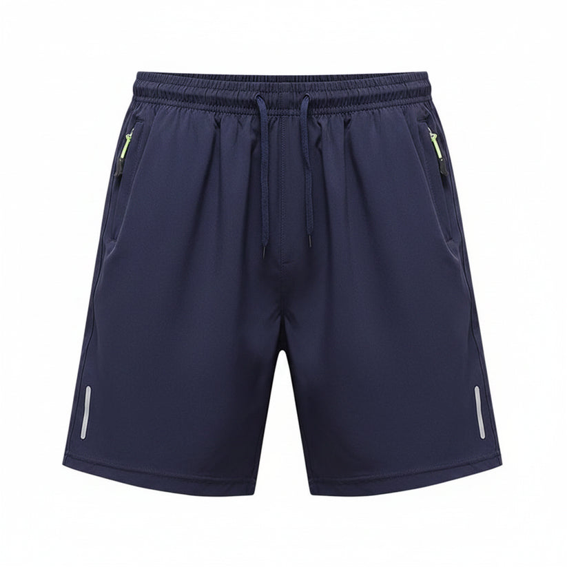 Navy blue shorts with drawstring and side zippers on a white background, branded 'MANTLCONX'.