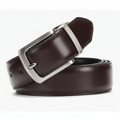 Brown leather belt with silver buckle on a white background