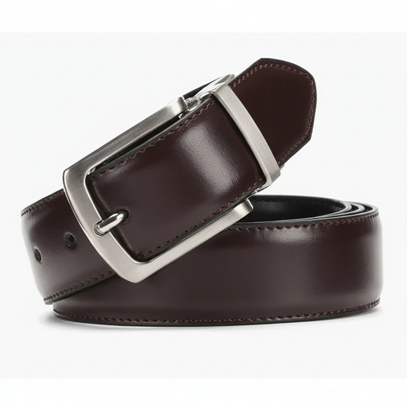 Brown leather belt with silver buckle on a white background
