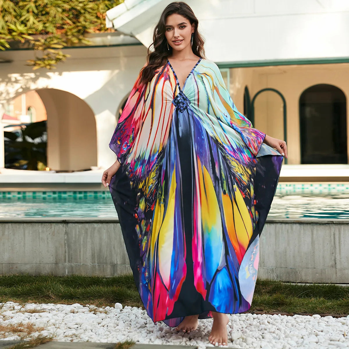 1. Maxi Kaftan Beach Dresses for Women – Artistic Summer Robe with Bold Prints