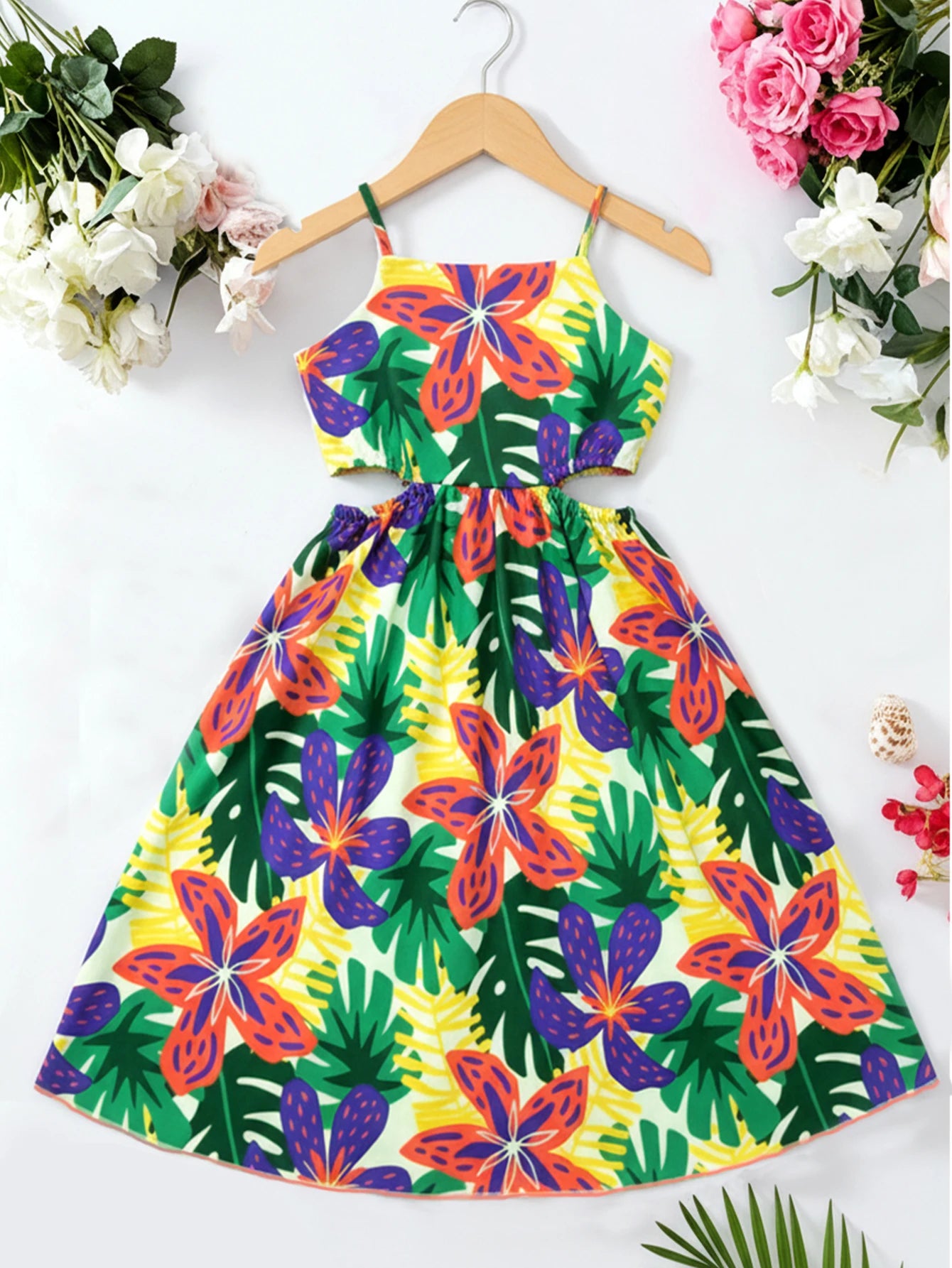 Girls Tropical Print Spaghetti Strap Beach Dress Ages 5 to 12