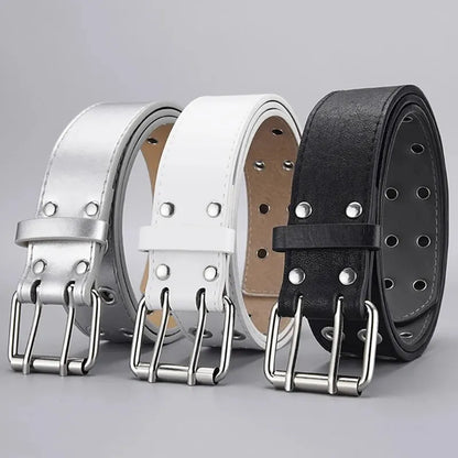 Unisex Y2K Punk Double Hole Belt PU Leather Grommet Rock Streetwear - QHA UK
