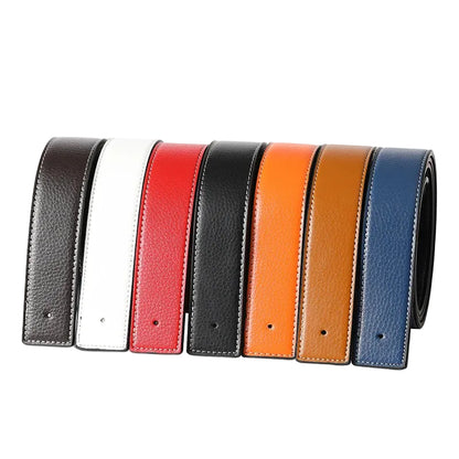 Set of six leather belts in different colors arranged in a row on a white background.