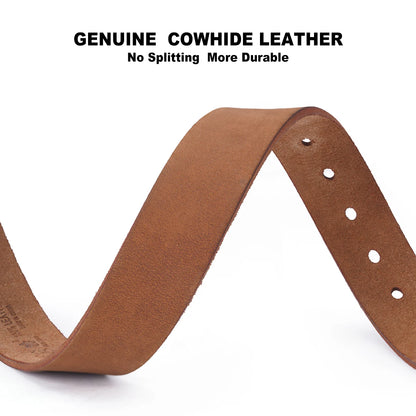 A curved brown cowhide leather strap with metal eyelets, shown on a white background with the text 'GENUINE COWHIDE LEATHER' and 'No Splitting More Durable' at the top.